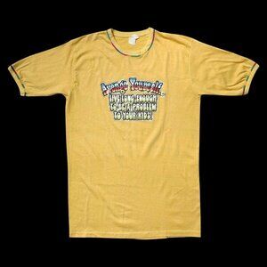 70s vintage slogan t-shirt "Avenge Yourself..." iron-on sparkle text graphic.